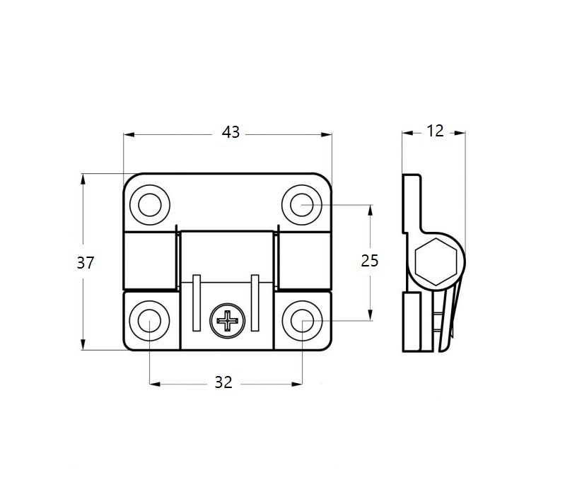 Friktionshængsel, POM plast,  justerbar, L=43, B=37, H=12
