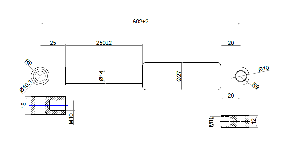 Gasfjeder, stål, M10 gevind, slaglængde = 250 mm, Kraft = 1300 N