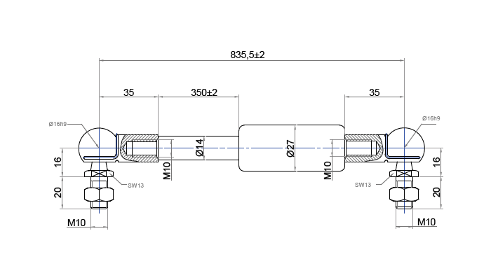 Gasfjeder, stål, M10 gevind, slaglængde = 350 mm, Kraft = 1300 N