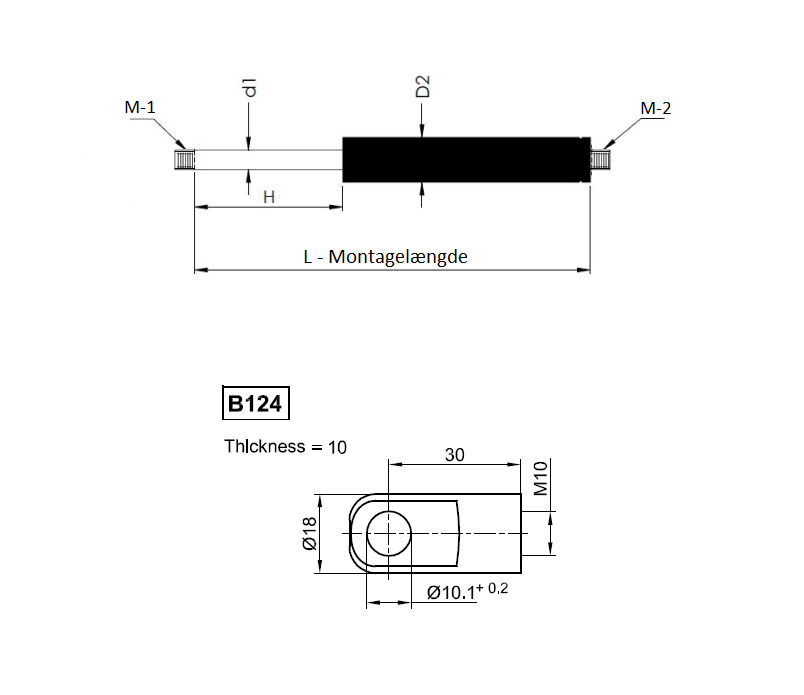 Gasfjeder, stål, M10 gevind, slaglængde = 200 mm, Kraft = 1500 N