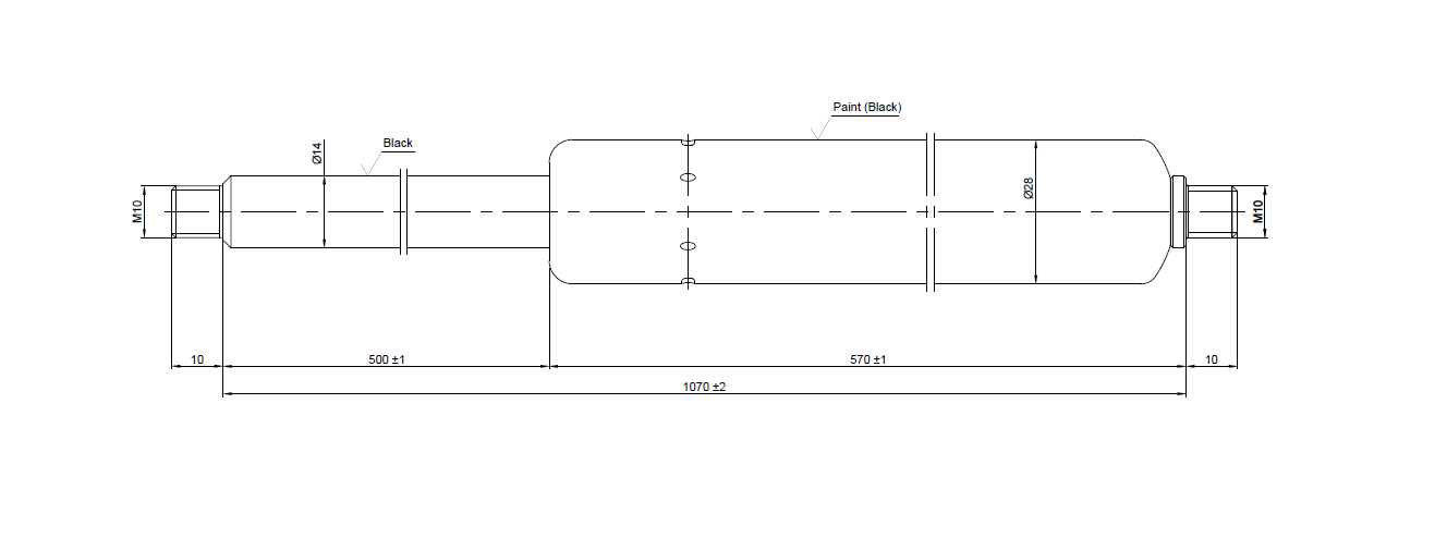 Gasfjeder, stål, M10 gevind, slaglængde = 500 mm, Kraft = 550 N