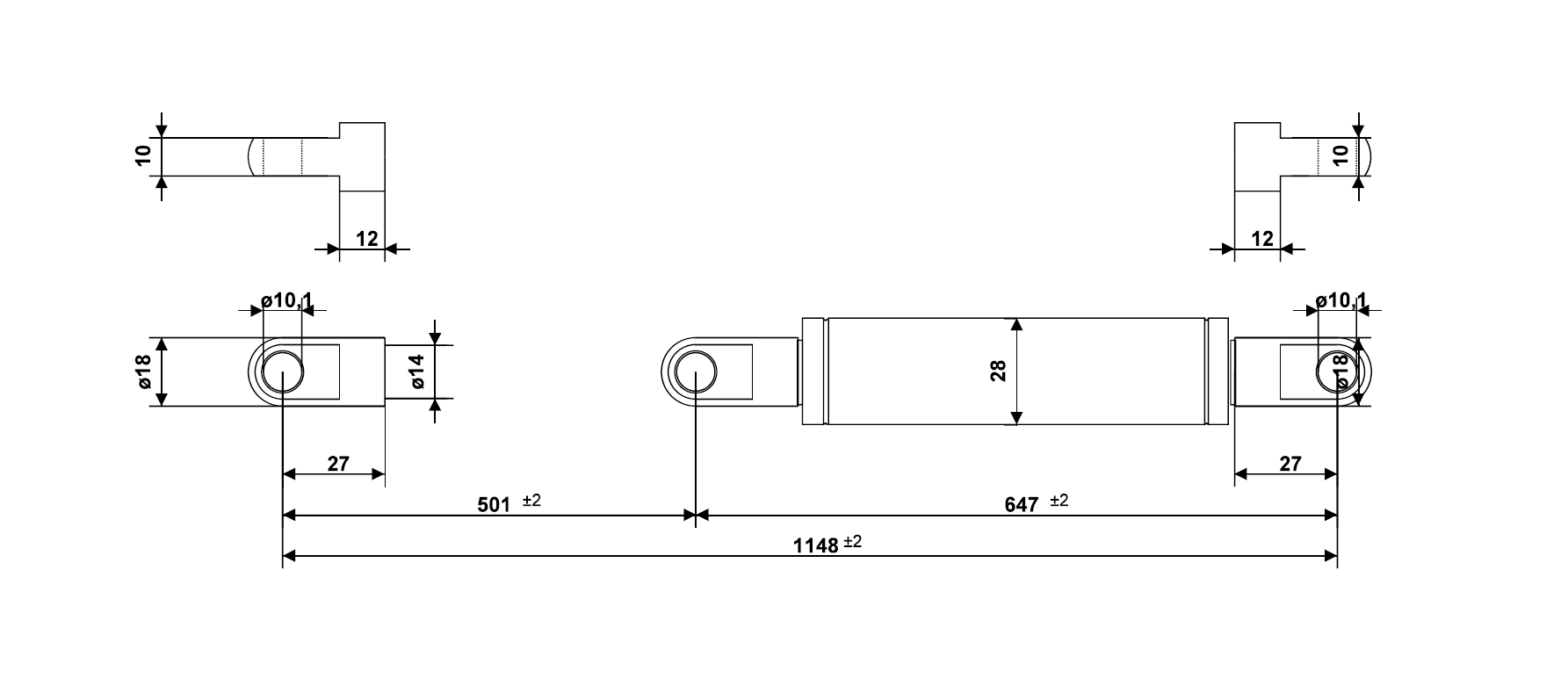 Gasfjeder, syrefast stål, M10 gevind, slaglængde = 501 mm, Kraft = 2000 N