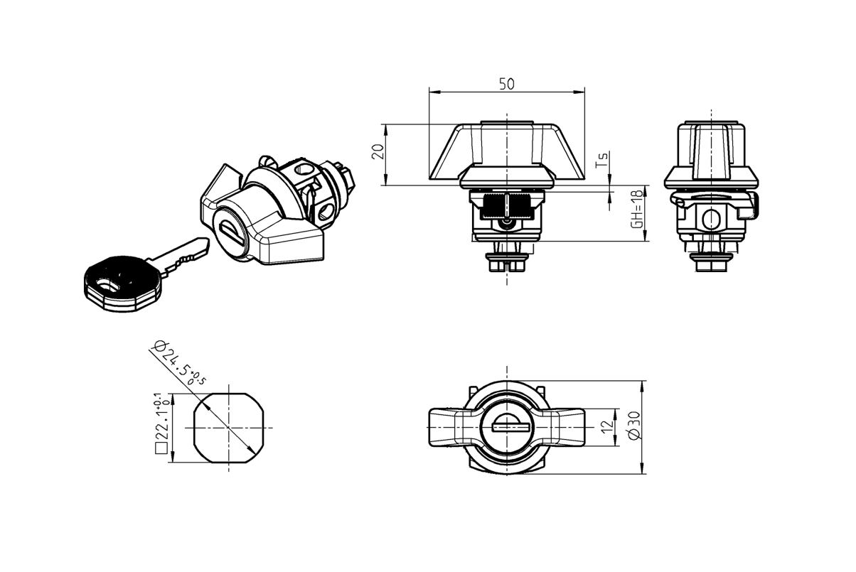 Låsehus med vingegreb, enslåsende ek333, glasfiberforstærket polyamid, L=50mm, GH=18mm, pladetykkelse=1-2mm