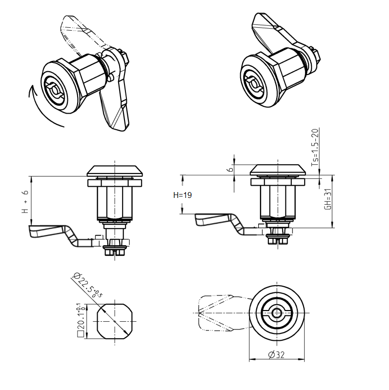 Kompressionslås, indsats 90°, trykstøbt zink, DIN 5, vandring=6mm, H-mål=19-25mm ikke justerbar, pladetykkelse=1,5-20mm