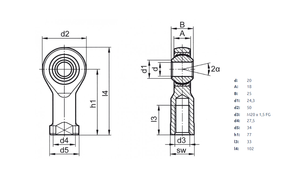 Endestykke, ledøje fitting, rustfrit stål, M20, længde = 77 mm