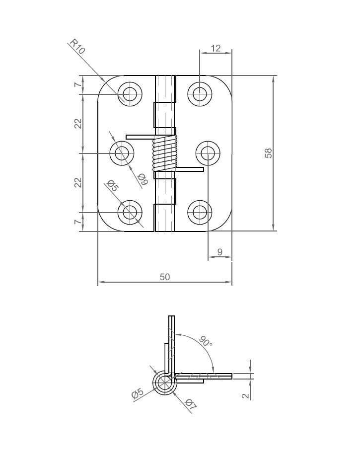 Fjederhængsel, rustfrit stål, åben, ikke justerbar, L=58, B=50, H=8,7