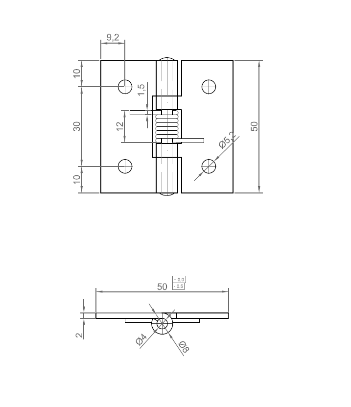 Fjederhængsel, rustfrit stål, åben, ikke justerbar, L=50, B=50, H=8