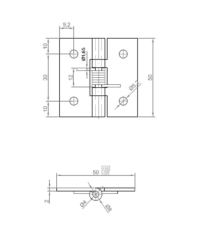 Fjederhængsel, rustfrit stål, åben, ikke justerbar, L=50, B=50, H=8