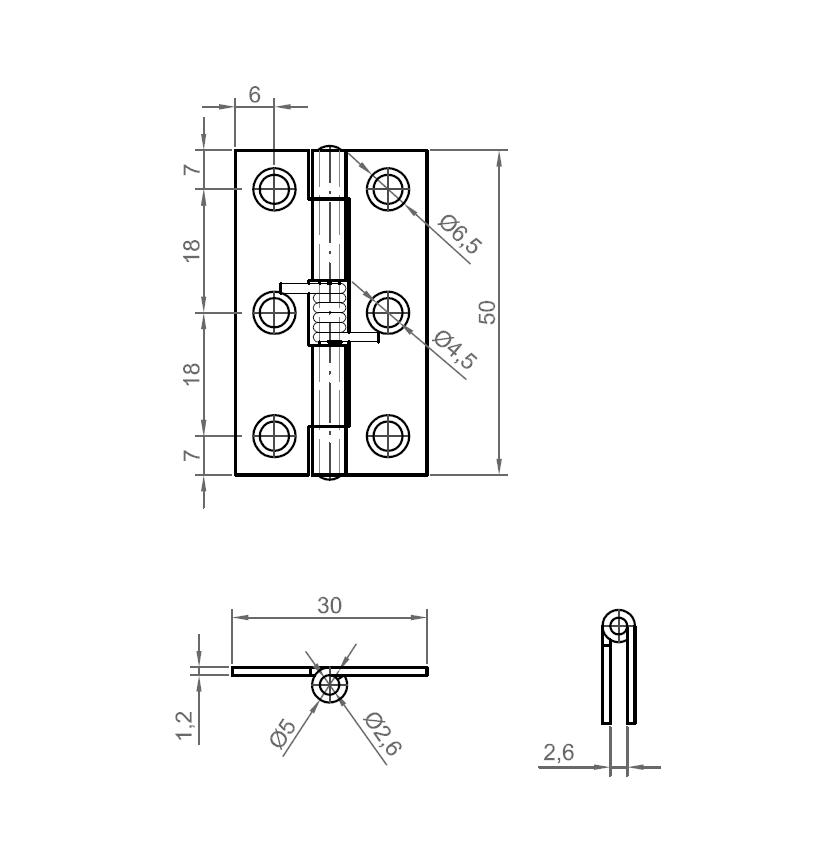 Fjederhængsel, rustfrit stål, lukket, ikke justerbar, L=50, B=30, H=5