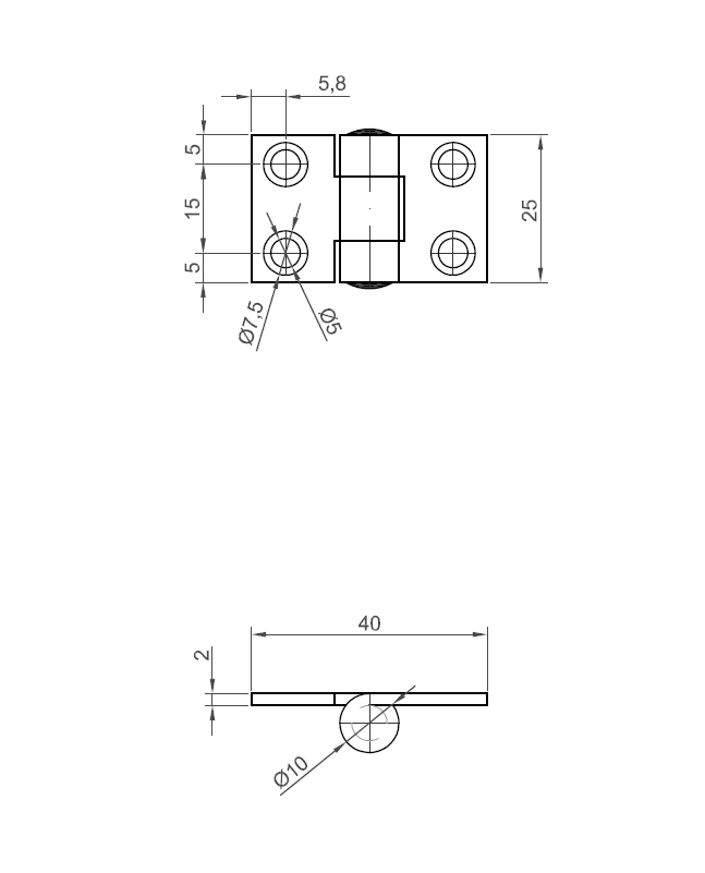 Kanthængsel med huller, rustfrit stål, L=25, B=40, T=2