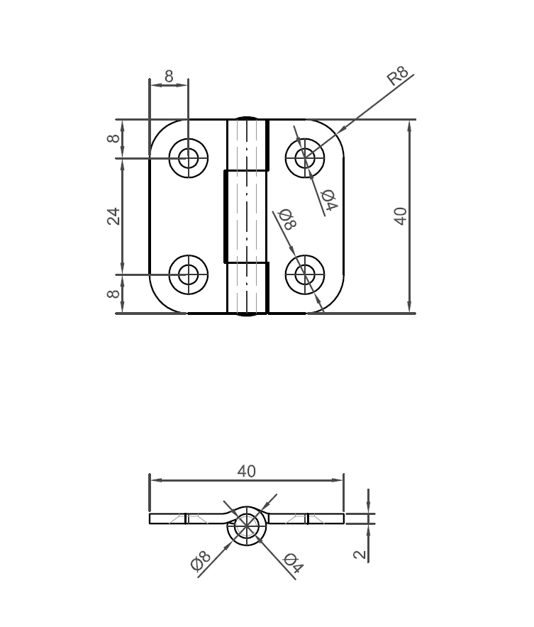 Kanthængsel med huller, rustfrit stål, L=40, B=40, T=2