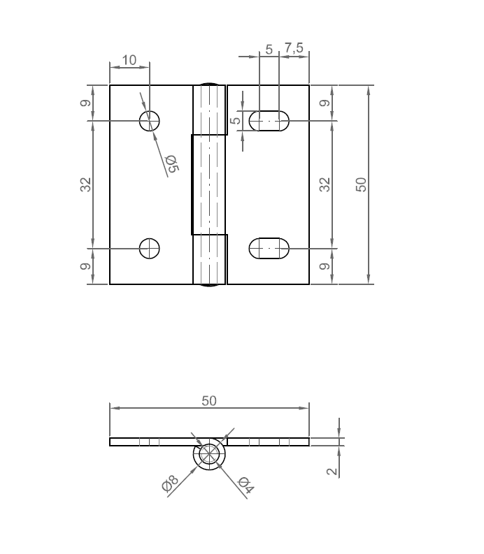 Kanthængsel med huller, syrefast stål, L=50, B=50, T=2