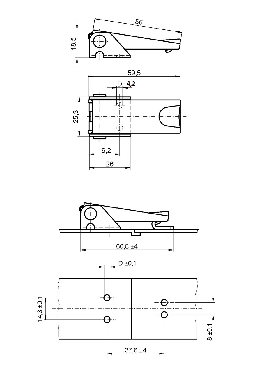 Snaplås, stål, L=59,5, B=25,3, H=18,5, justerbar