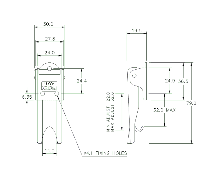 Snaplås, rustfrit stål, L=79, B=30, H=19,5, justerbar