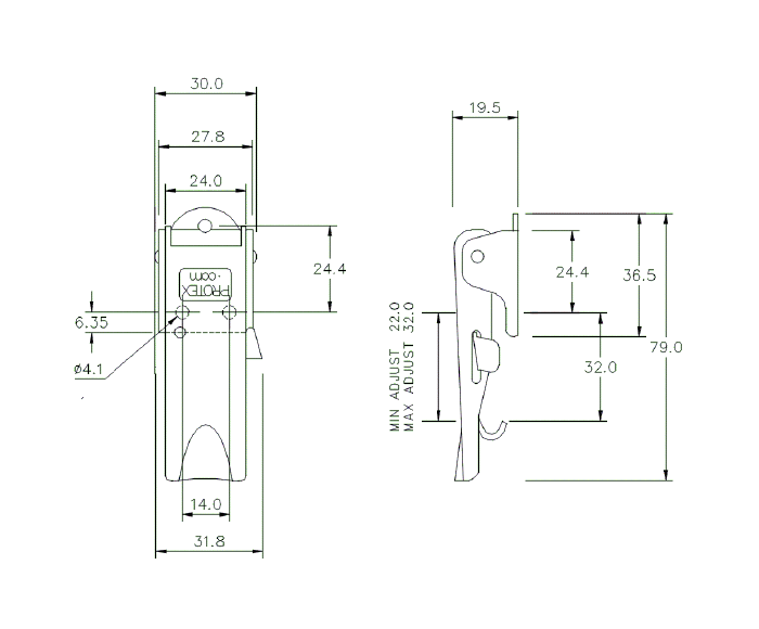Snaplås, stål, L=79, B=31,8, H=19,5, justerbar