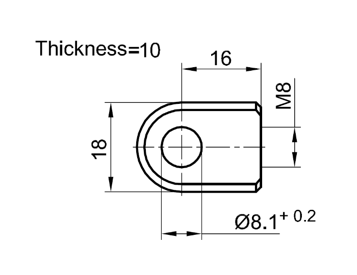 Endestykke, øje fitting, rustfrit stål, M8, længde = 16 mm
