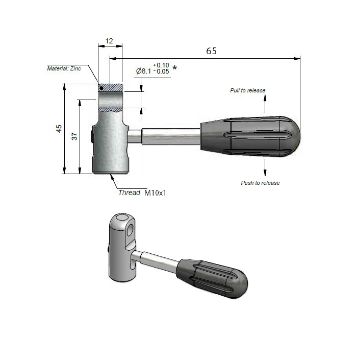 Endestykke, øje fitting, trykstøbt zink, M10, længde = 37 mm