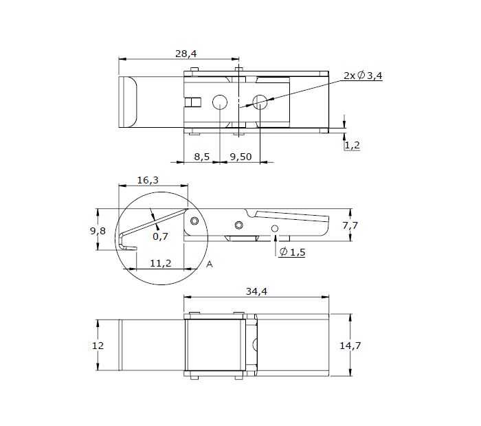 Snaplås, rustfrit stål, L=50,7, B=14,7, H=7,7, ikke justerbar