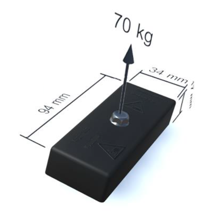 Gummi indstøbt magnet, firkantet, M6, H=17mm , F=700N