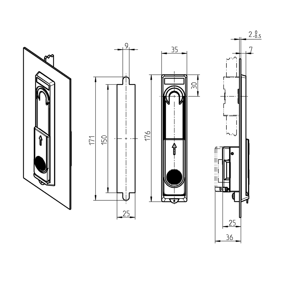 Svinggreb, glasfiberforstærket polyamid, låsesæt, L=176, B=35, H=7, Pladetykkelse=1,5-2