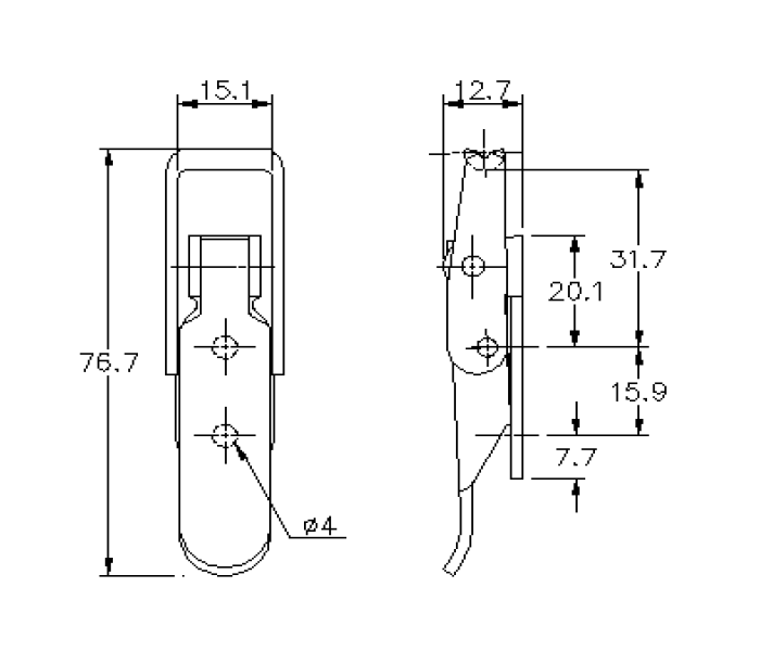 Snaplås, rustfrit stål, L=76,7, B=19, H=12,7, ikke justerbar