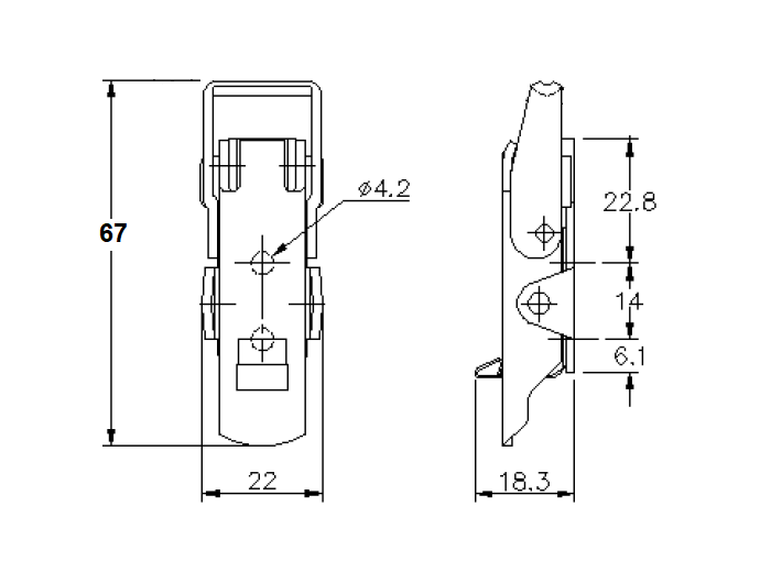 Snaplås, stål, L=67, B=22, H=18,3, ikke justerbar