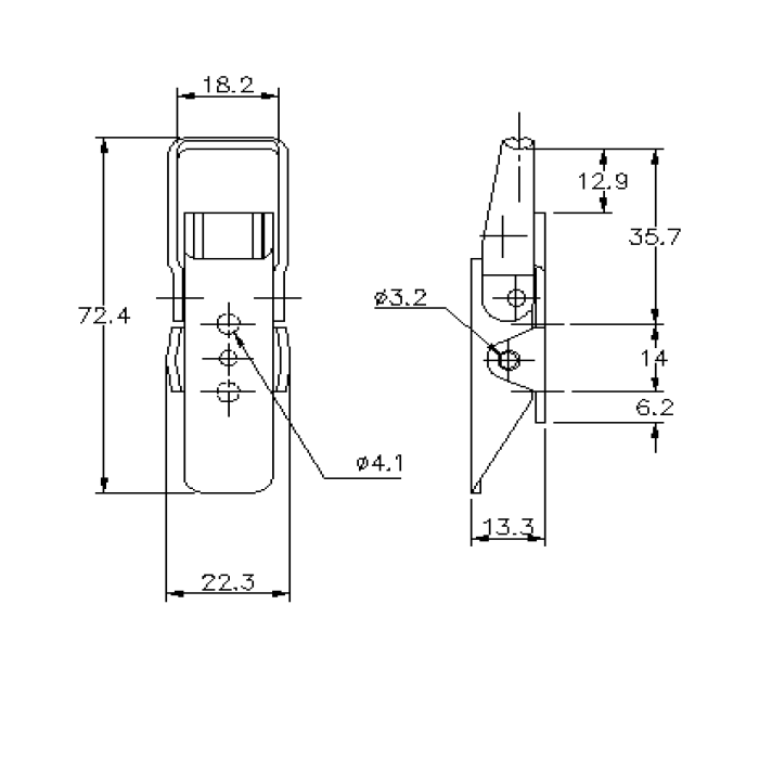 Snaplås, rustfrit stål, L=72,4, B=22,3, H=13,3, ikke justerbar