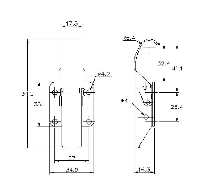 Snaplås, rustfrit stål, L=94,5, B=34,9, H=16,3, ikke justerbar