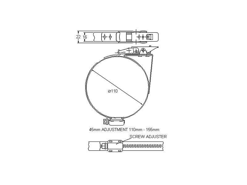 Komplet spændebånd, rustfrit stål, Diameter interval: 110-155mm