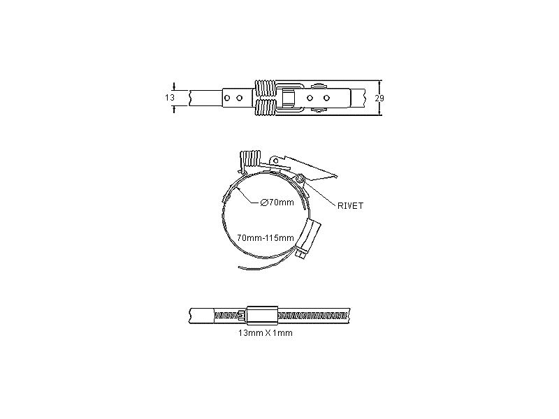 Komplet spændebånd, elforzinket stål, Diameter interval: 70-115mm, T= 1mm, fjederbøjle