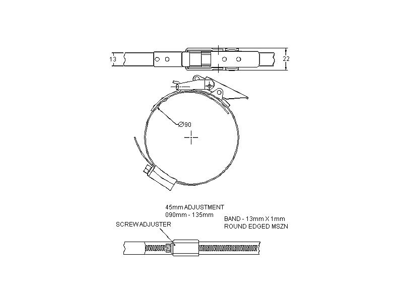 Komplet spændebånd, elforzinket stål, Diameter interval: 90-135mm, T= 1mm