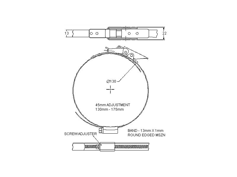 Komplet spændebånd, elforzinket stål, Diameter interval: 130-175mm, T= 1mm