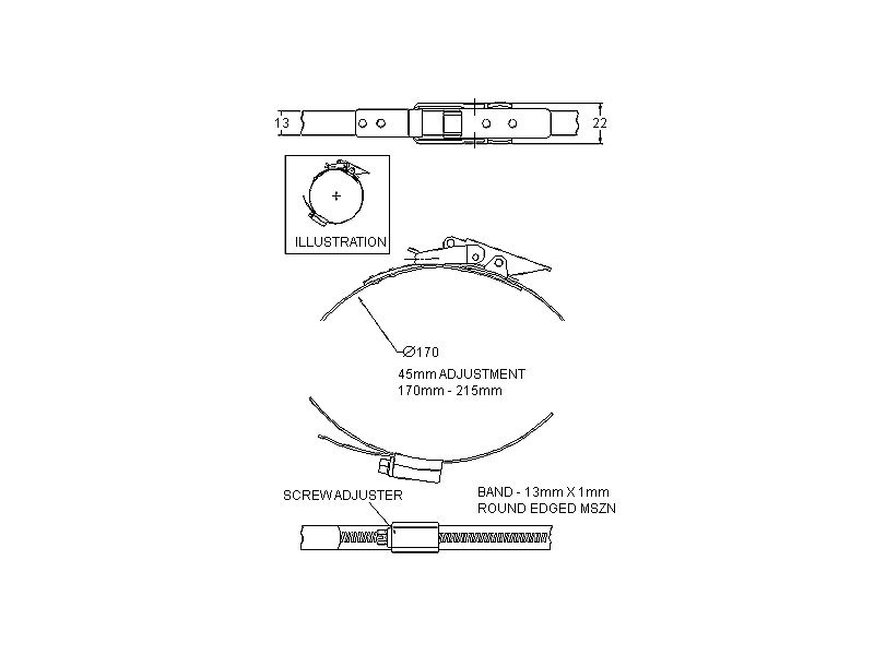 Komplet spændebånd, elforzinket stål, Diameter interval: 170-215mm, T= 1mm