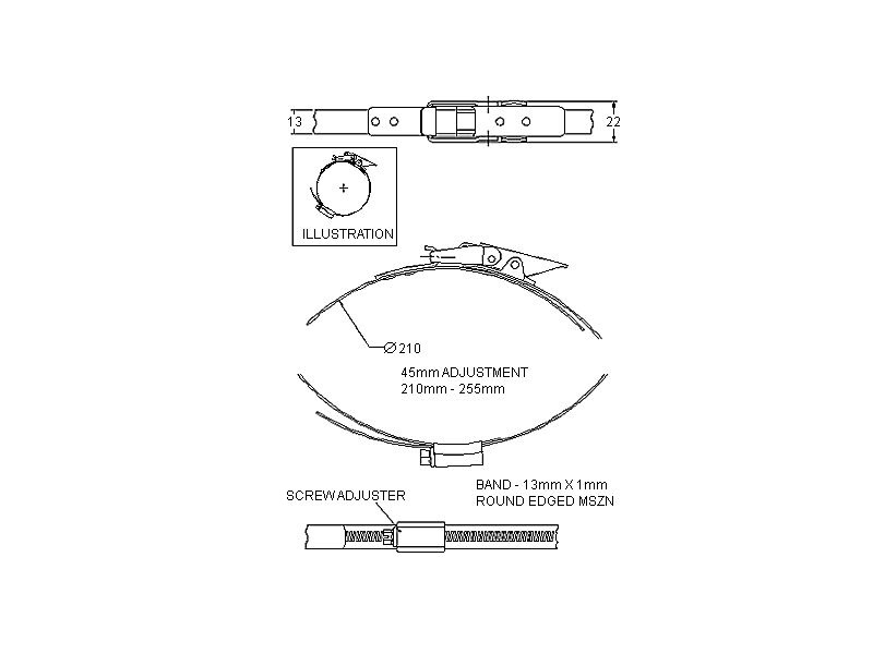 Komplet spændebånd, elforzinket stål, Diameter interval: 210-255mm, T= 1mm
