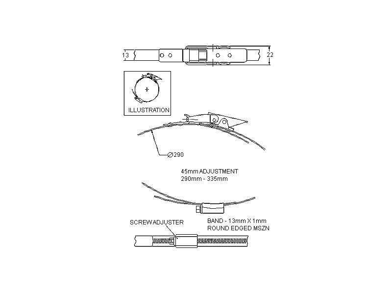 Komplet spændebånd, elforzinket stål, Diameter interval: 295-335mm, T= 1mm