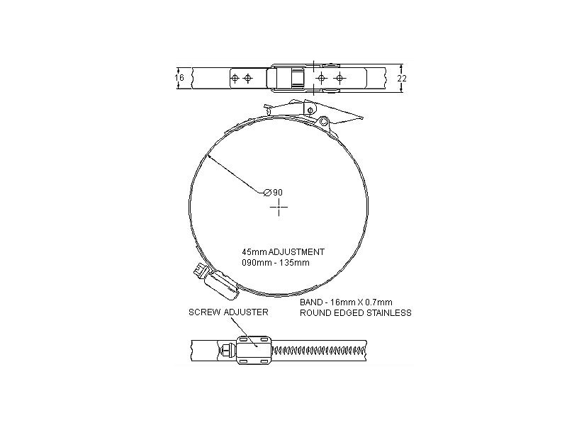 Komplet spændebånd, rustfrit stål, Diameter interval: 90-135mm, T= 0,7mm