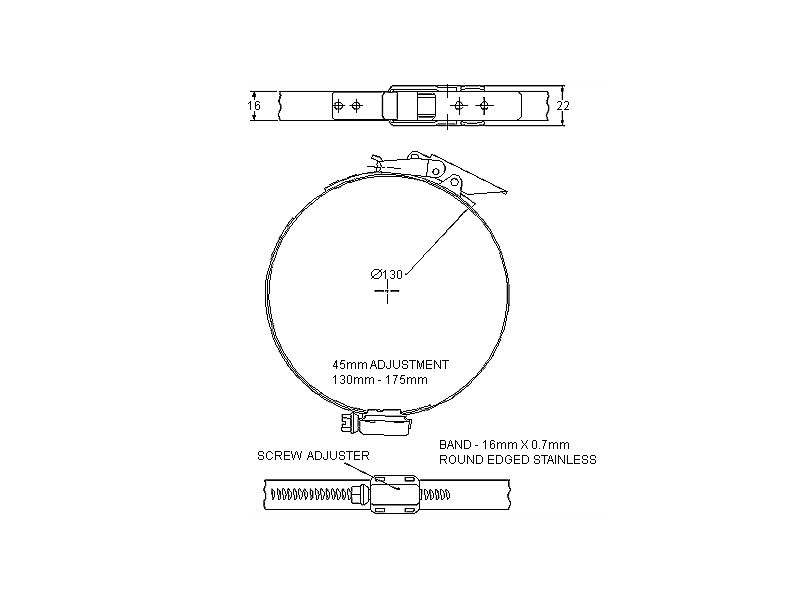 Komplet spændebånd, rustfrit stål, Diameter interval: 130-175mm, T= 0,7mm