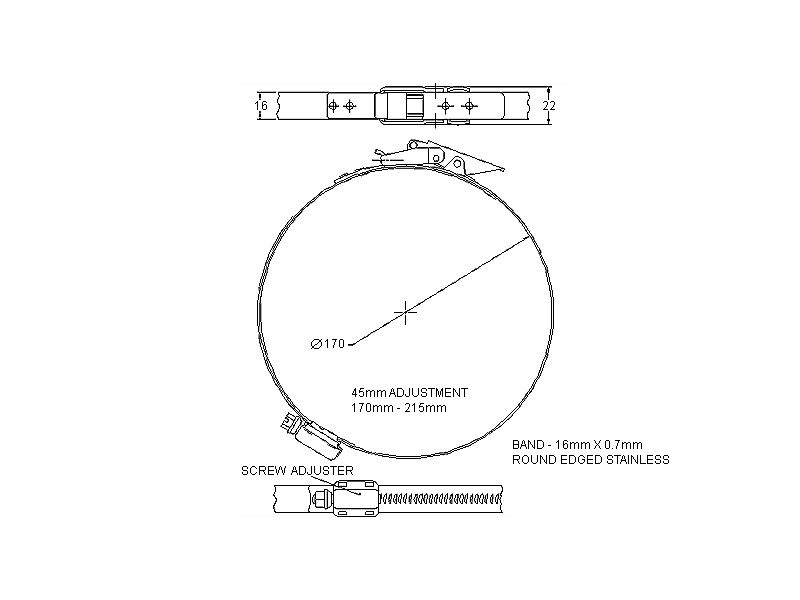 Komplet spændebånd, rustfrit stål, Diameter interval: 170-215mm, T= 0,7mm