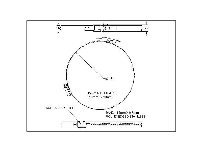 Komplet spændebånd, rustfrit stål, Diameter interval: 210-255mm, T= 0,7mm