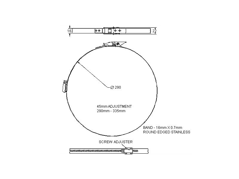 Komplet spændebånd, rustfrit stål, Diameter interval: 290-335mm, T= 0,7mm