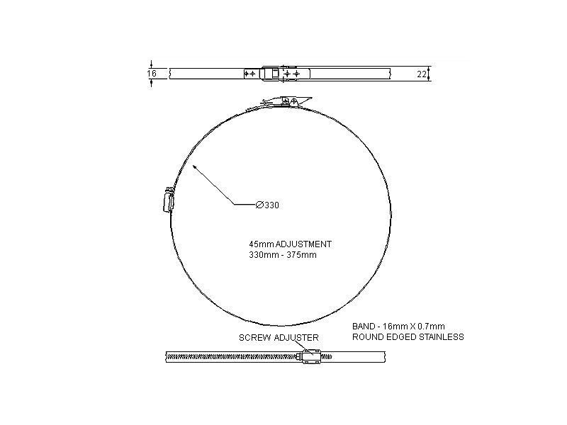 Komplet spændebånd, rustfrit stål, Diameter interval: 330-375mm, T= 0,7mm
