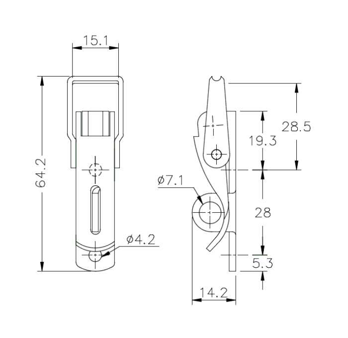 Snaplås, rustfrit stål, L=64,2, B=18,5, H=14,2, ikke justerbar