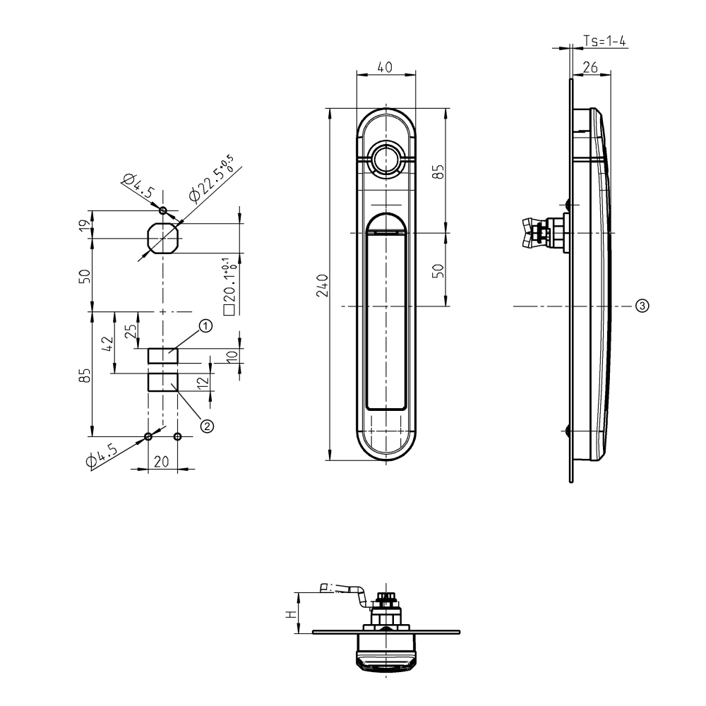 Elektronisk lås, kablet, Agent E Serie, L=240mm, B=40mm, H=26mm, , pladetykkelse=1-4mm