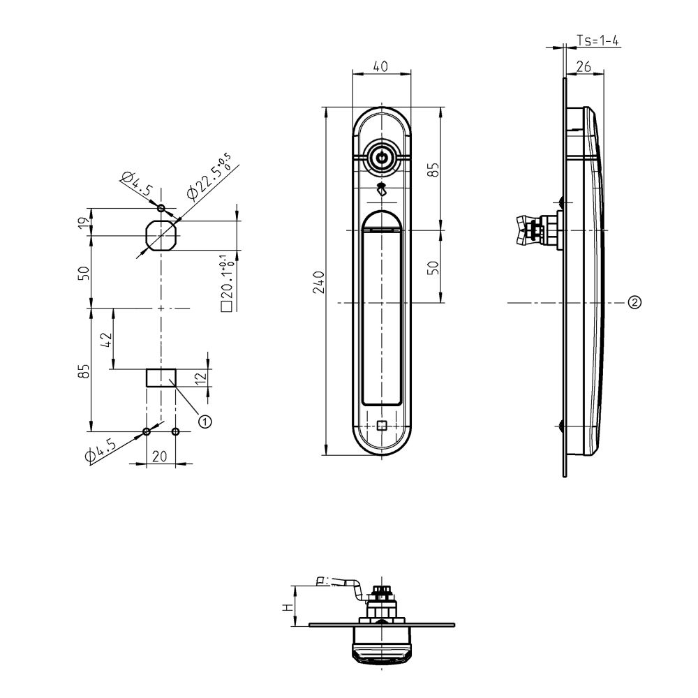 Elektronisk lås, stand alone, Agent E Serie, L=240mm, B=40mm, H=26mm, , pladetykkelse=1-4mm