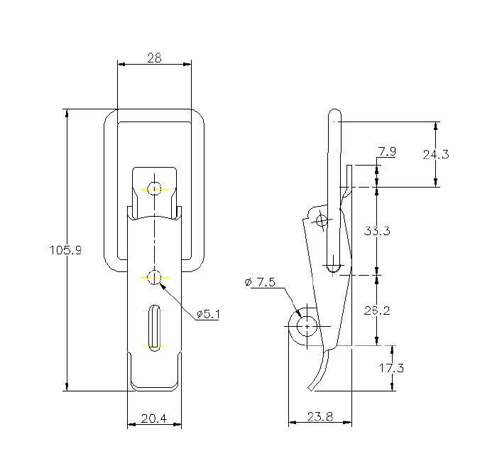 Snaplås, stål, L=105,9, B=38, H=23,8, ikke justerbar