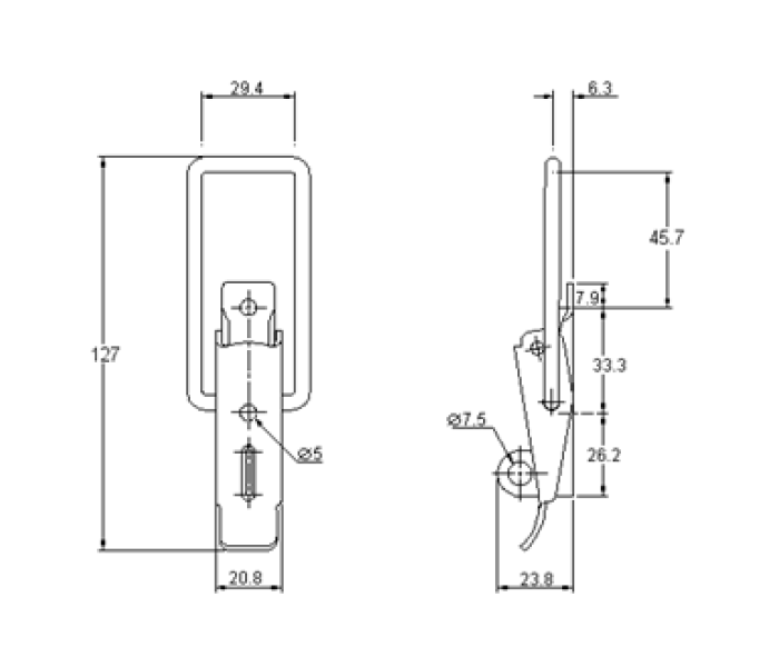 Snaplås, stål, L=127, B=39,5, H=23,8, ikke justerbar