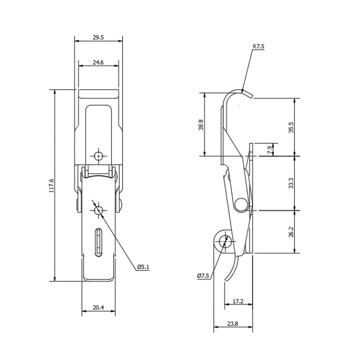 Snaplås, stål, L=117,6, B=29,5, H=23,8, ikke justerbar
