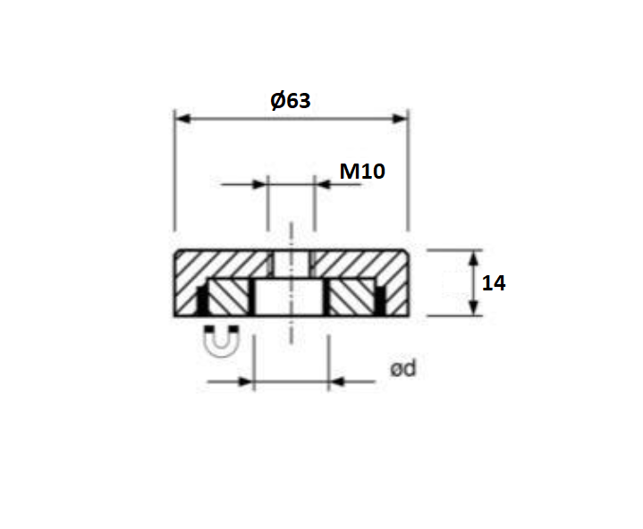 Pottemagnet, cirkulær, M10, H=14mm , F=1100N