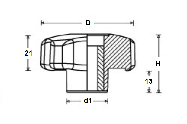 Stjernegreb, polyamid, gennemgående gevind M10, D=60 mm, H=34mm