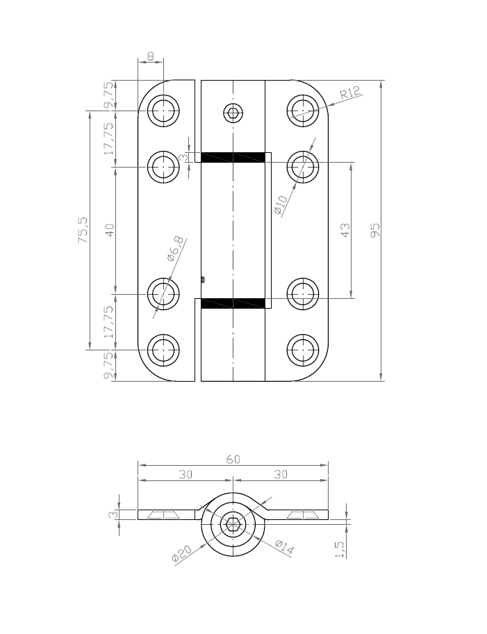Fjederhængsel, rustfrit stål, begge retninger, justerbar, L=95, B=60, H=20